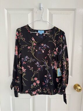 CeCe Black Floral V-Neck Tie-Sleeve Blouse with Pink & Lavender Blooms